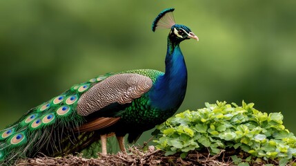 Indian peacock, vibrant plumage, lush greenery, nature background, wildlife photography