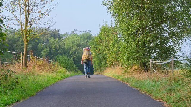 Following a hiking adult walking in the middle of a path surrounded by lush foliage with large backpack, Rhine Valley, Germany