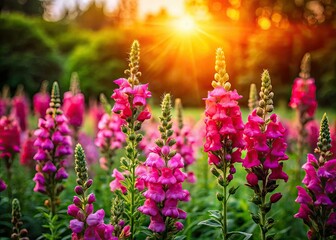 Obraz premium Pink-purple snapdragons bloom lush green, silhouetted against the sky in aerial drone photography.
