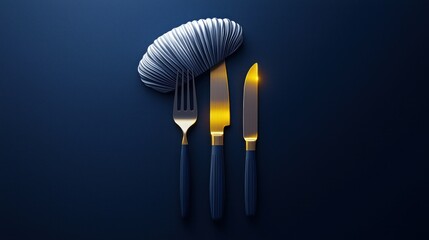 Elegant silverware set with a stylized food presentation on a dark background.