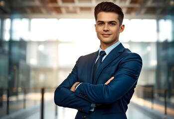 Un hombre de negocios atractivo y joven en traje, con brazos cruzados, con un fondo desenfocado de modernas y brillantes instalaciones de negocios.