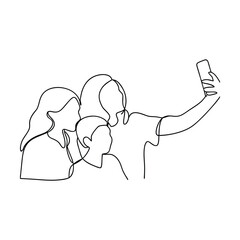 Oneline drawing Family selfie, mother, child, phone, happiness