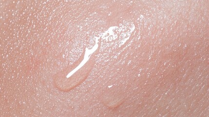 Fototapeta premium Water droplet and wet serum trail on clean human skin during a skincare routine.