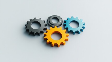 Colorful gears arranged on a smooth surface, showcasing engineering concepts and creativity