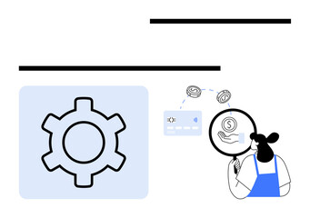 Gear symbol representing settings or configuration, person interacting with financial icons such as credit card and currency symbols. Ideal for business strategy, finance, technology, settings, user