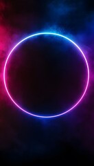 A colorful neon circle illuminates a dark misty background scene