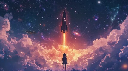 Fototapeta premium Child gazes at rocket launch against starry sky during twilight, evoking feelings of wonder and exploration