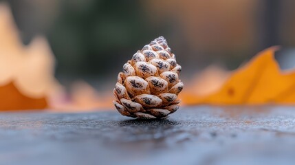 Autumn pine cone on wet surface, blurred leaves background; nature photography