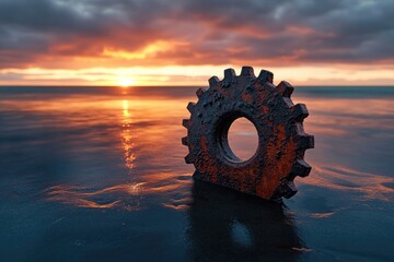 Rusty gear rests on a beach at sunset, reflecting the vibrant colors of the sky and water.