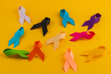 Colorful awareness ribbons representing various health campaigns and causes