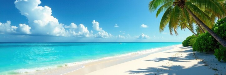 Azure water laps white sand, lush palms sway in gentle breeze, sunlight, paradise