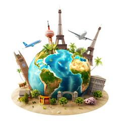 A vibrant illustration of a globe surrounded by iconic landmarks, planes, and palm trees, symbolizing global travel