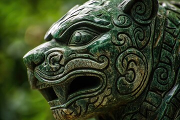 Intricate green stone carving of a lion's head, detailed swirls and textures.