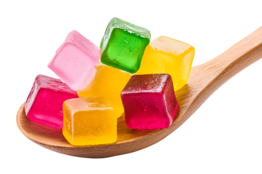 Colorful jelly cubes on a wooden spoon isolated on white background