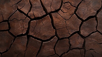 Detailed Close-Up of Cracked Brown Wood Texture with Dark Lines and Organic Patterns Reflecting Natural Aging and Environmental Changes