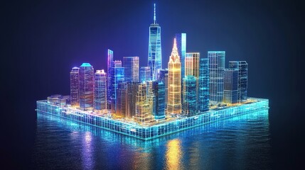Obraz premium Futuristic cityscape bathed in glowing light modern metropolis reflecting on water neon illuminated skyline urban environment