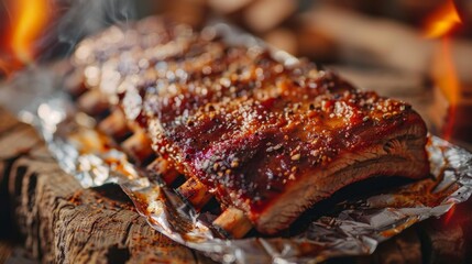 Juicy barbecue ribs are being grilled to perfection over an open flame, surrounded by smoke on a summer evening, creating a delicious aroma for all to enjoy.