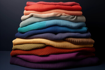 Vibrant collection of knitted sweaters arranged neatly in stacked formation. Each sweater features distinct colors and textures.