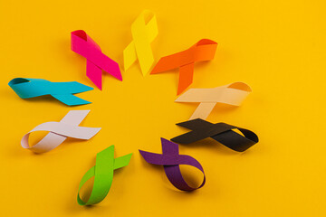 Colorful awareness ribbons representing various health campaigns and causes