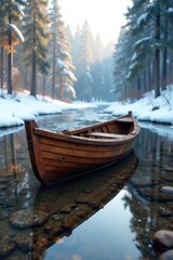 Obraz premium Wooden boat half-submerged in dry riverbed winter, ice, forest