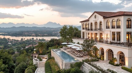 Fototapeta premium Luxury Resort with Pool and Mountain View
