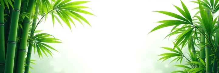 Lush green bamboo and palm trees against a bright white background , design, stock