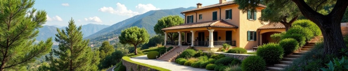 Mediterranean style villa, terraced garden with olive trees, nature, light, patio
