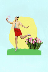 Exclusive image vertical photo collage of shocked girl take selfie phone photographing stand spring field tulips bloom flower