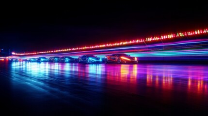 Drag racing cars illuminated by the glowing lights of a carnival in the distance. Featuring excitement and allure