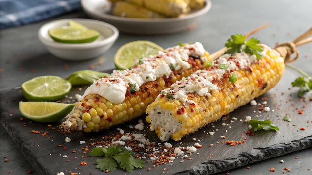Grilled mexican street corn elotes with lime and cheese.
