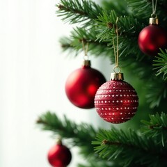 Fototapeta premium Sparkling silver and red ornaments hanging from a Christmas tree, festive decor, metallic, red and green