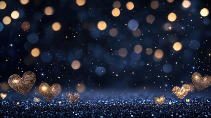 Enchanting sparkling hearts and bokeh lights create a magical background for love, romance, celebration, and special moments in a charming atmosphere