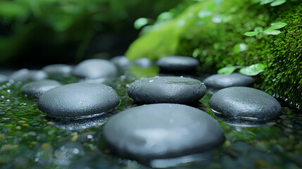 Tranquil River Stones Surrounded by Lush Greenery and Waterdrops