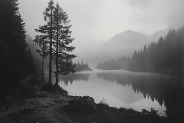 Fototapeta premium Misty mountain lake, trees, tranquil scene