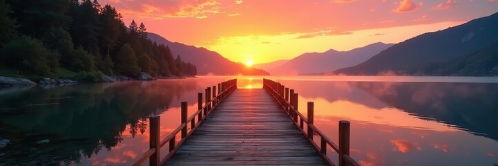 Obraz premium Wooden bridge over lake at sunrise with reflection, water, lake