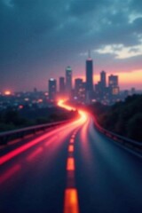 Fototapeta premium Blurred city skyline, winding road leading to bright light, risky venture, success, ambition