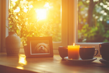 A serene pet memorial with a framed photo and candles on a wooden table with copy space. Soft golden light. 