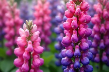 Close-up of densely packed purple and pink lupines, petals unfurled , vibrant, inflorescence