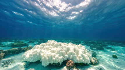 Fototapeta premium Environmental crisis. Underwater coral reef with bright blue water and sunlight filtering through.