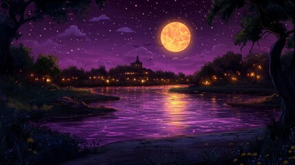 Pixelated night landscape moonlight reflected in tranquil water digital illustration serene atmosphere fantasy dreamy scene art