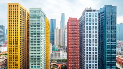 Obraz premium Dynamic city skyline showcasing modern high rise architecture with vibrant hues and intricate designs promoting urban development