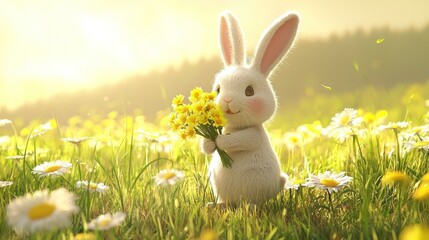 Fototapeta premium Cute bunny holding flowers in sunny field.