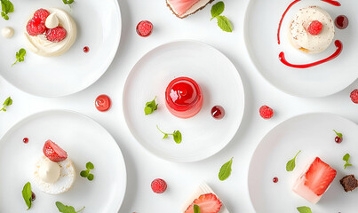 Colorful Assortment of Gourmet Cakes and Desserts on White Plates