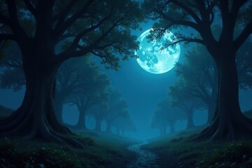 Twinkling moonlight filters through ancient trees, mystical atmosphere, foliage