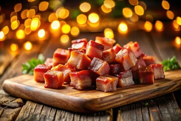 Rustic board showcases crispy bacon cubes, bokeh-blurred background enhancing their delicious texture.