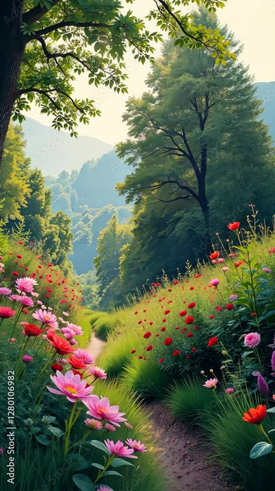 Poster A path through a field of flowers. The flowers are red and pink. The path is lined with trees