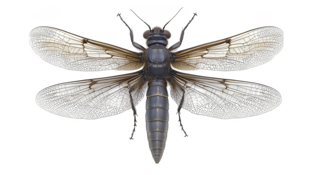 A close-up of a green dragonfly with delicate wings isolated on a white background