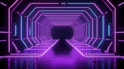 Futuristic Neon Tunnel Interior with Vibrant Blue and Purple Lighting in a Dark Space Creating an Immersive Sci-Fi Environment