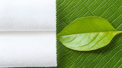 Fresh Green Leaf on White Paper Towel Over Textured Green Background