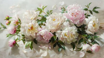 Elegant arrangement of white and pink peonies on a light background